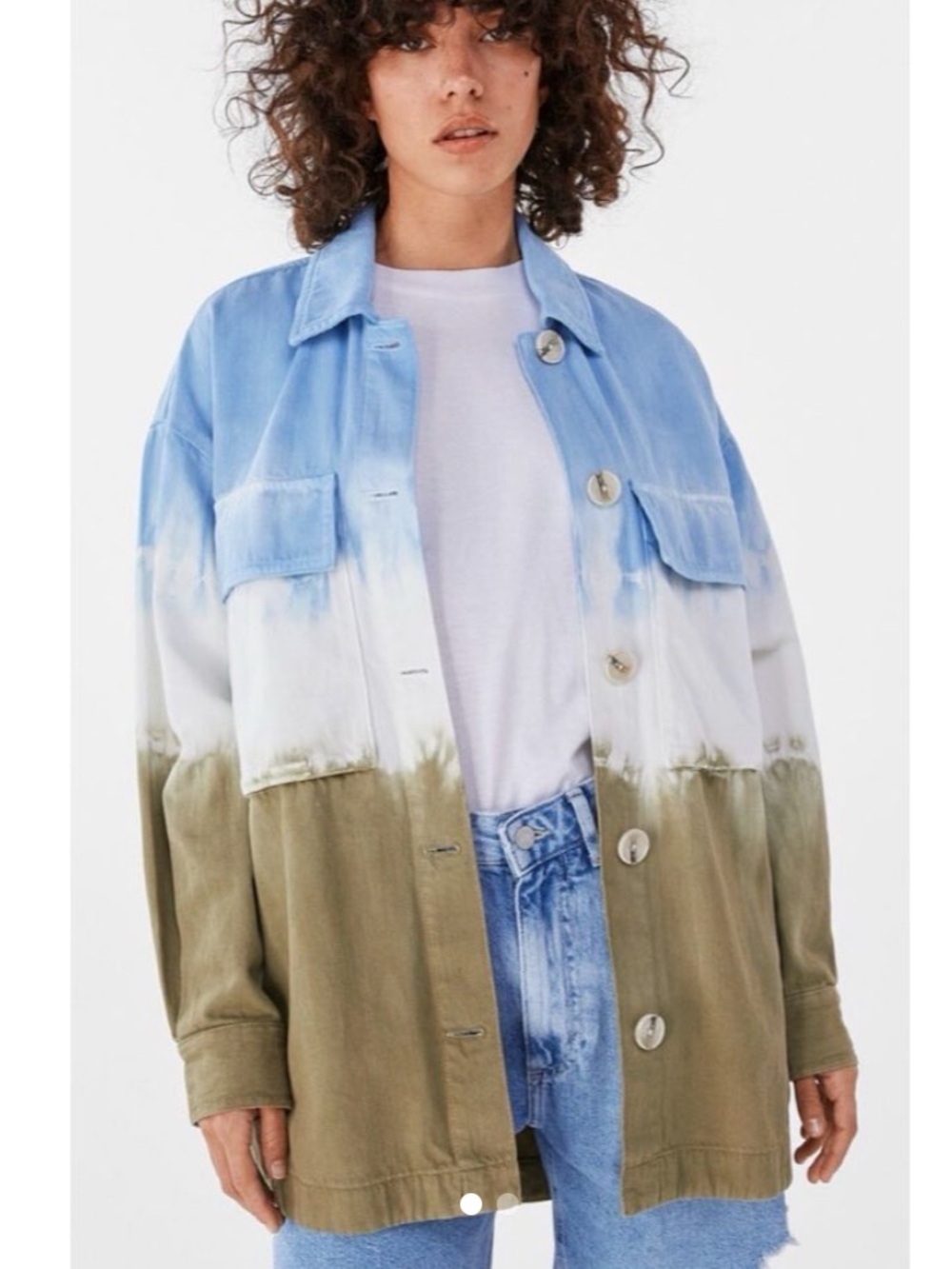 Bershka Dip Dye Denim Button Down Jacket Utility Shacket Sz S Relaxed Grunge